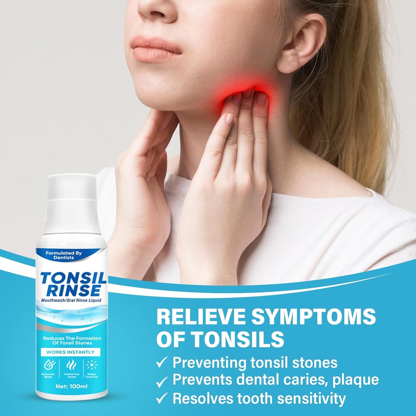 Tonsil Stone Mouthwash, Tonsil Stone Remover Oral Rinse Liquid Helps Soothe Tonsils, Eliminate Bad Breath, Mint Flavor Freshen Breath, Moisturize Mouth, 100ML