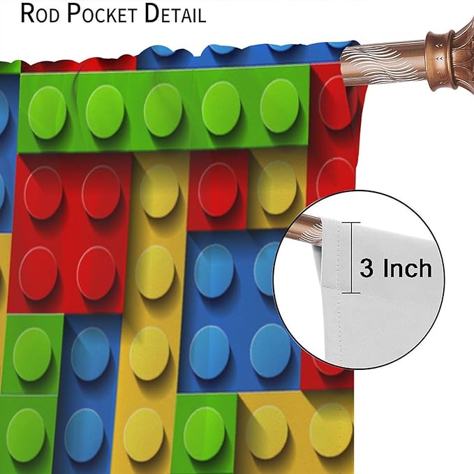Kids Building Blocks Toy Curtains for Kids Room W72 x L63 Inch Rod Pocket Contour Plastic Colorful Toy Bricks Geometric Print Pattern Curtains for Boys Girls Bedroom 2 Panels