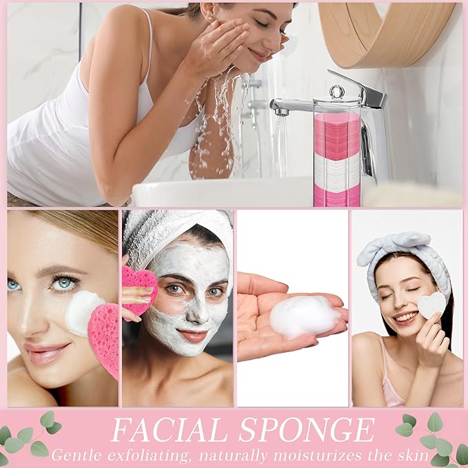 Sieral 120 Pcs Compressed Facial Sponges with Container Disposable Face Sponge Pads for Washing Face Cleansing Exfoliating Esthetician Makeup Removal(Heart,Pink, Rose Red, White)
