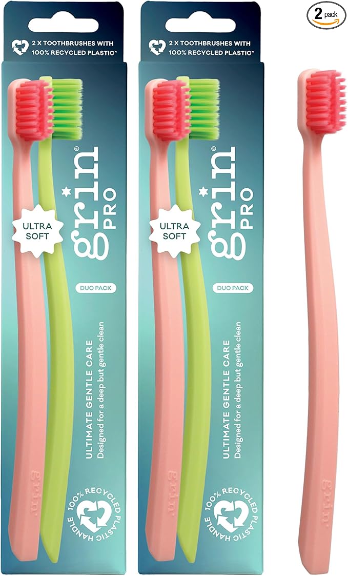 Grin Pro Ultimate Gentle Care Toothbrush, Ultra Soft, 2 Count (Pack of 2), Designed for Sensitive Teeth and Gumlines, 100% Recycled Plastic