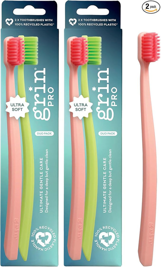 Grin Pro Ultimate Gentle Care Toothbrush, Ultra Soft, 2 Count (Pack of 2), Designed for Sensitive Teeth and Gumlines, 100% Recycled Plastic