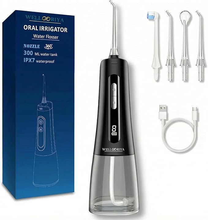 Cordless Water Flosser for Teeth – 300mL Large Tank, 9 Pressure Levels, LED Display, USB-C Rechargeable, IPX7 Waterproof Dental Oral Irrigator for Home & Travel (Black)