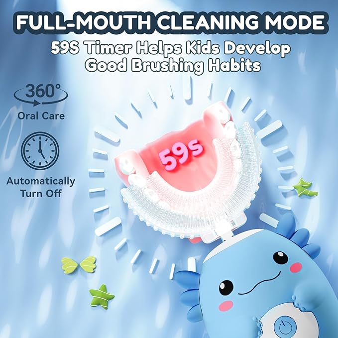 Kids Electric U Shaped Toothbrush - Axolotl Kids Sonic Toothbrush with 6 Brush Head Automatic Rechargeable 6 Cleaning Modes Full Mouth Cleaning-Blue