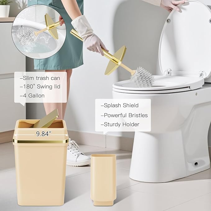9PCS Bathroom Accessory Set, Beige Bathroom Set with Large-Capacity 4 Gallon Trash Can, Bathroom Accessories Set Complete, Toothbrush Holder, Soap Dispenser, Toilet Brush, Bathroom Decor