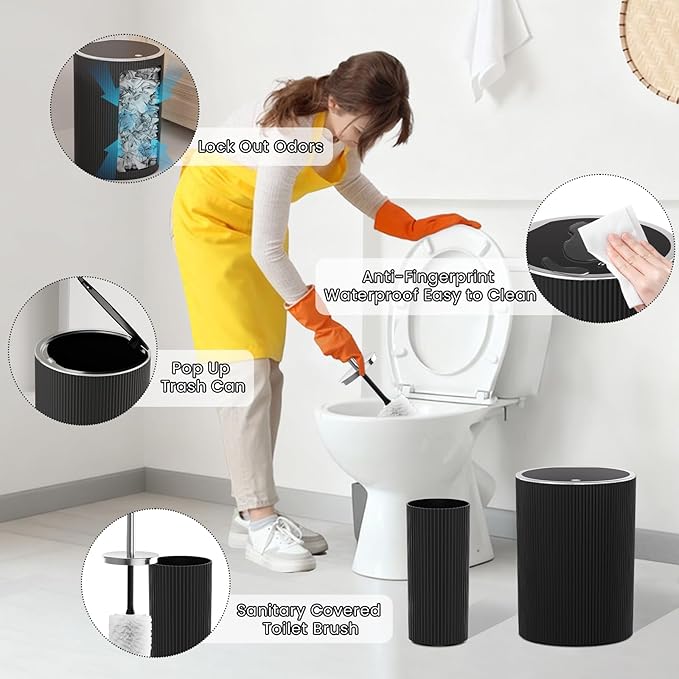 Black Bathroom Accessories Set, 10PC Bathroom Set, Bath Accessory with Pop Up Trash Can, Soap Dispenser, Toilet Brush, Toothbrush Set Qtip Holders & Tray