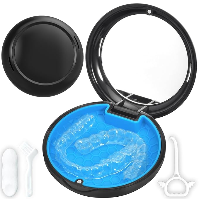 Retainer Case with Mirror,Slim Aligner Case with Vent Holes,Cute Night Mouth Guard Box,Retainer Removal Tool and Brush (Black Blue)