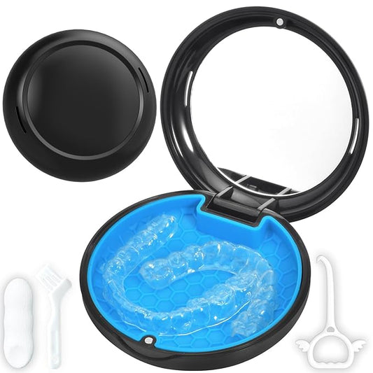 Retainer Case with Mirror,Slim Aligner Case with Vent Holes,Cute Night Mouth Guard Box,Retainer Removal Tool and Brush (Black Blue)