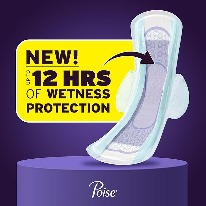 Poise Overnight Ultra Thin Incontinence & Postpartum Pads with Wings for Bladder Leaks, 8 Drop Extra Absorbent, Long Length, 20 Count