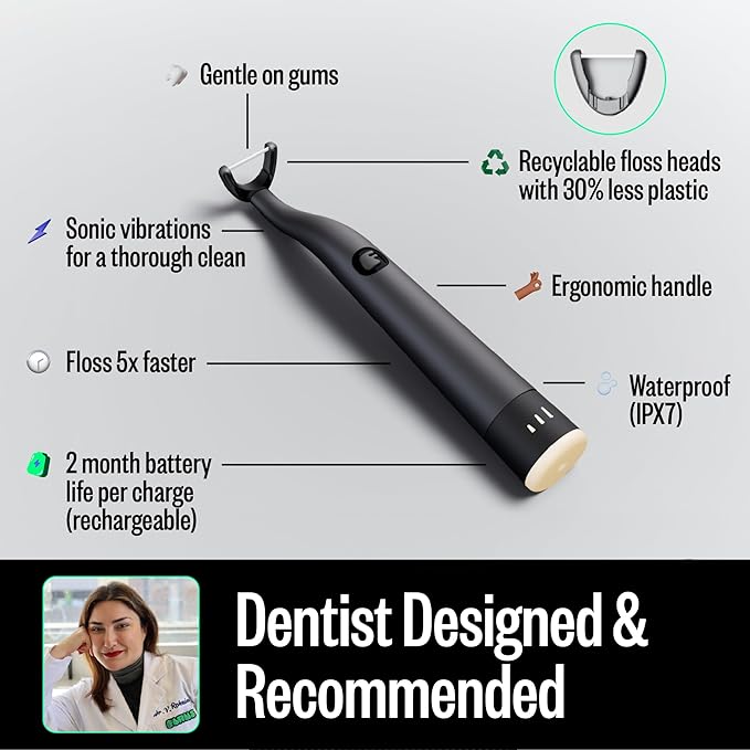 FLAUS Electric Flosser (Shark Tank) 3 Speeds + 135 Refill Heads (Floss Variety Pack: Extra Strong Woven & Gentle Gliding) Water Flosser Alternative, Dentist Designed Tooth Flossers Dental Floss Picks