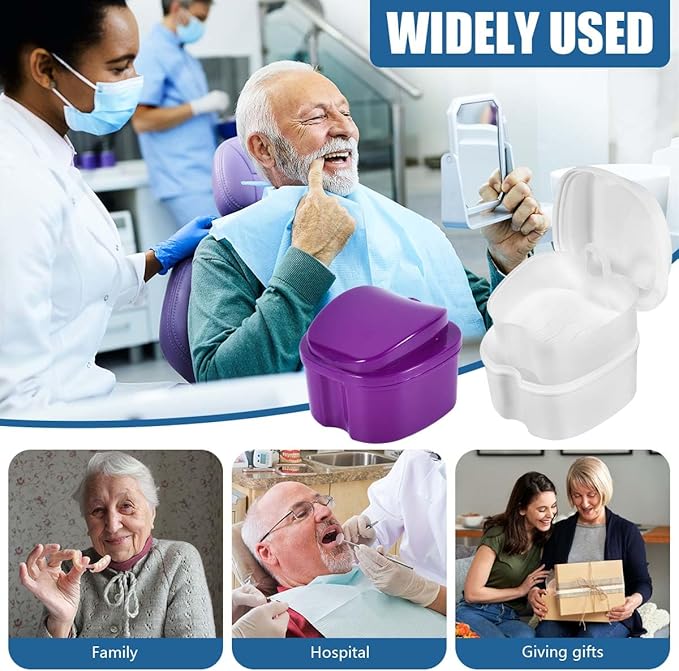2 Pack Denture Bath Case Cup Box Holder Storage Container with Denture Cleaner Brush Strainer Basket for Travel Cleaning (White and Purple)