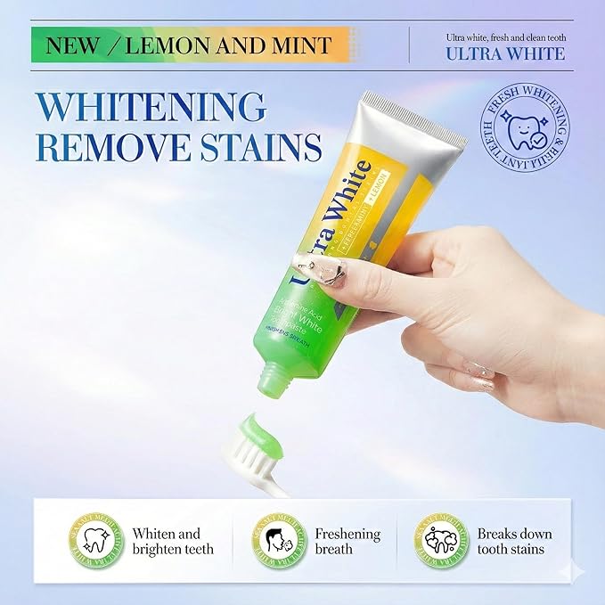 Ultra White Toothpaste for Stain Removal - Lemon Peppermint Whitening Toothpaste with Amino Acid - Fresh Breath, Gum Care & Enamel Safe Daily Tooth Paste (2 Pack, 3.52oz/100g Each)