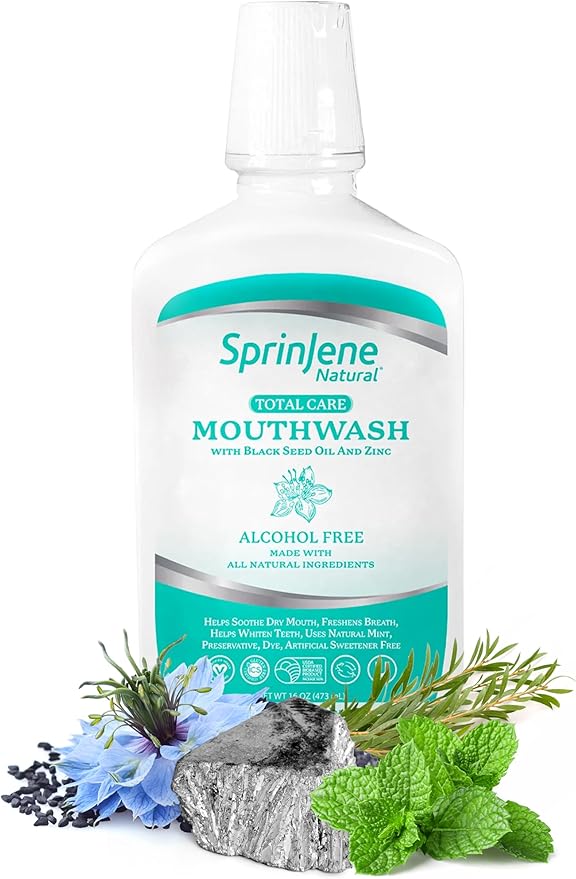 SprinJene Natural Sensitivity Relief, Fluoride Free Toothpaste for Sensitive Teeth (4 Pack) + Fluoride Free & Alcohol Free Mouthwash