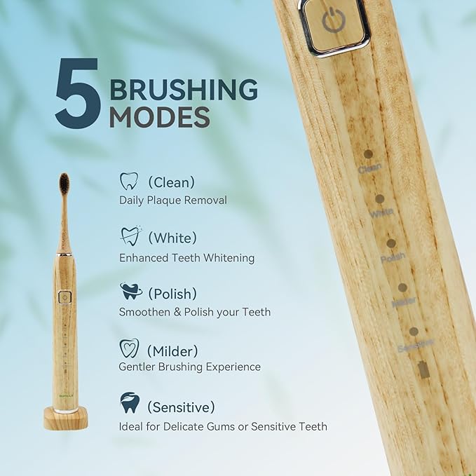 Bamboo Electric Toothbrush, Sonic Electric Bamboo Toothbrush for Adults, IPX7 Waterproof Rechargeable Toothbrush, 5 Cleaning Modes, 4 Bamboo Brush Heads Soft Bristle