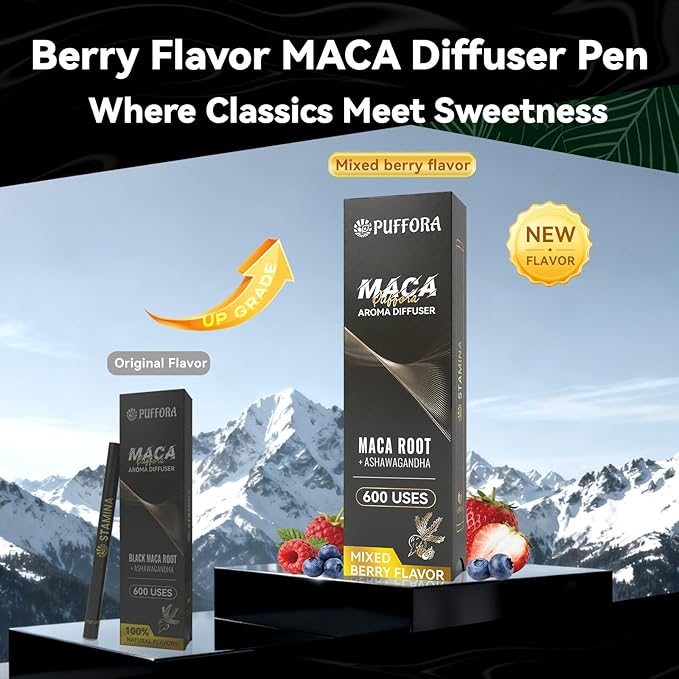 Herbal Diffuser Pen, Berry Flavor, Energy & Focus Boost, Vitamin B12 & C, Maca Root + Ashwagandha - Plant-Based, Anxiety Pen, Natural Alternative, Pocket Size, 600 Uses