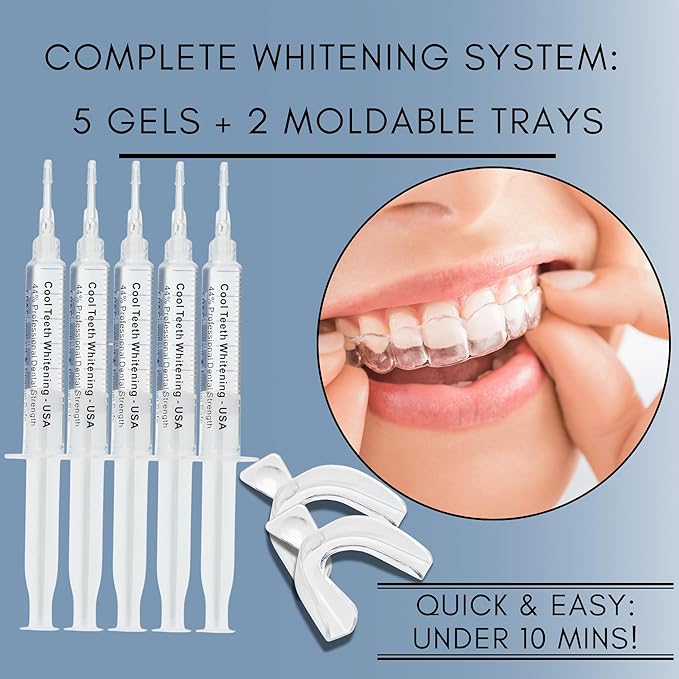 Teeth Whitening Gel for Trays - Professional Strength 44% Carbamide Peroxide, 5 Syringes (50 Treatments) + 2 Trays – Enamel Safe, Removes Coffee & Other Stains