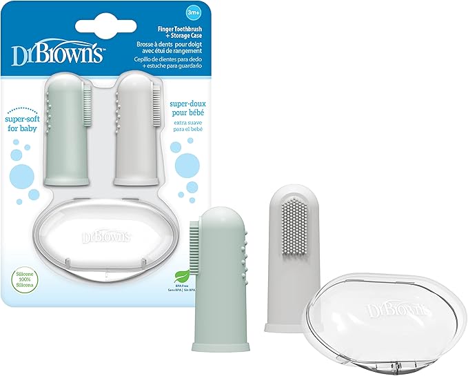 Dr. Brown's Silicone Finger Toothbrush for Baby with Travel-Storage Case, 3m+, Gray and Light Green, 2 Count, (Pack of 1)