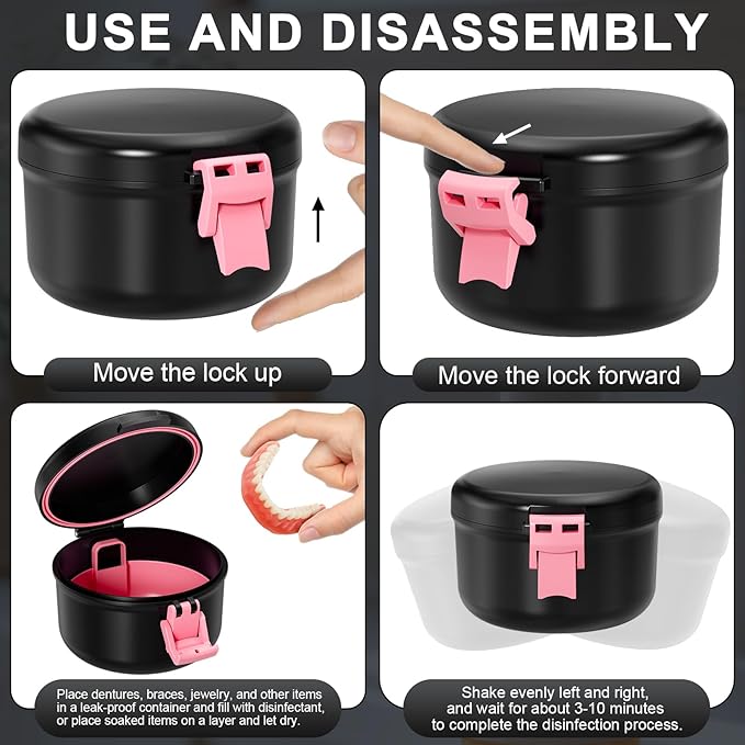 Denture Cup, Leak Proof Denture Bath Case for Travel, False Teeth Container for Soaking Dentures & Retainer, Retainer Cleaner Case, Black+Pink.