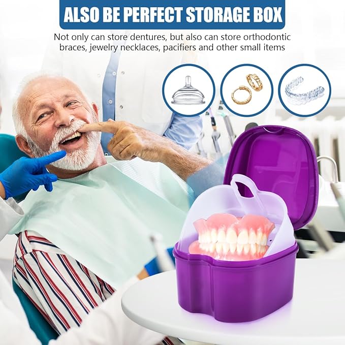 Purple Denture Bath Case Cup Box Holder Storage Soak Container with Strainer Basket for Travel Cleaning