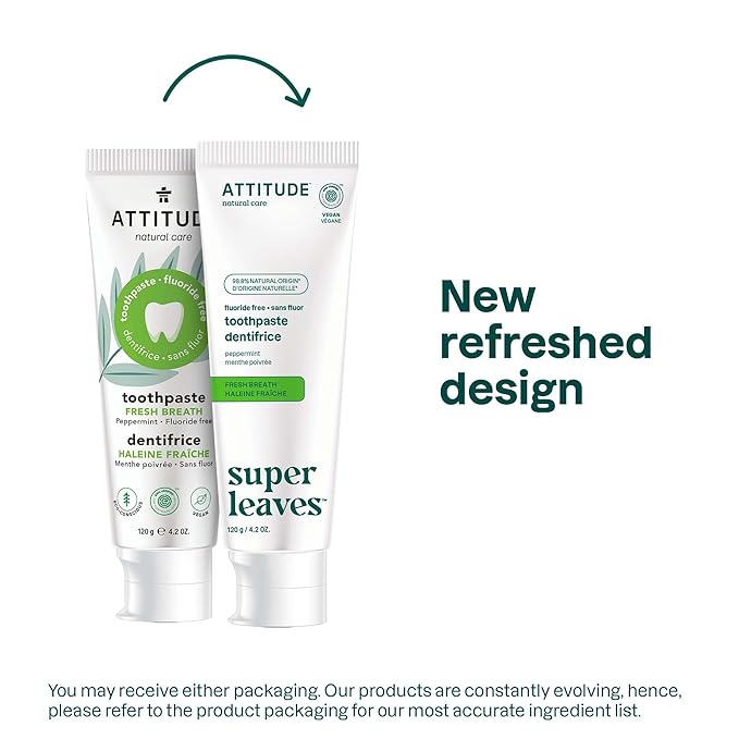 ATTITUDE Fluoride-Free Fresh Breath Toothpaste, Peppermint Flavor, Vegan & Cruelty-Free, Sugar-Free, Plant & Mineral-Based Ingredients, Clean Oral Care, 4.2 Oz