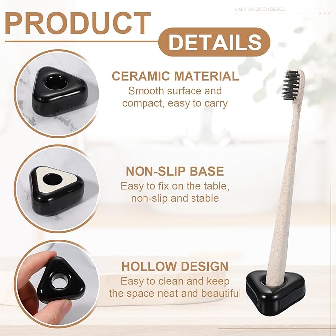 uxcell 2 Pcs Mini Ceramics Toothbrush Holder Stands, Sleek Mini Countertop Toothbrush Triangle Shape Ceramic Holder Stand for Bathroom Vanity Countertops, Black