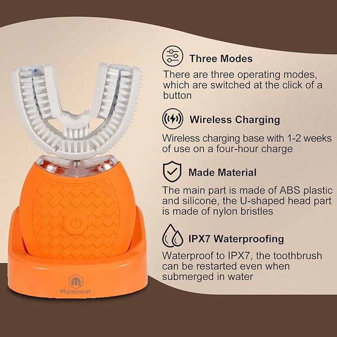 Magentak Electric U Shaped Toothbrush for Adult,360 Degree Automatic Cleaning, Ultrasonic Tooth Brush has 23760 Nylon Bristles and 3 Modes Standard, Fast, Ultra Fast(Orange)