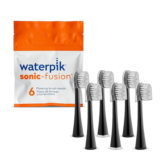 Waterpik Genuine Compact Size Replacement Brush Heads With Covers for Sonic-Fusion Flossing Toothbrush SFRB-2EB, 6 Count Black