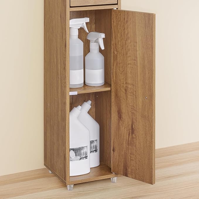 SoBuy Bathroom Narrow Storage Cabinet Skinny Tall Unit with Adjustable Shelves Slender Anti-Tipping Floor Standing Cupboard, Natural BZR34-PF