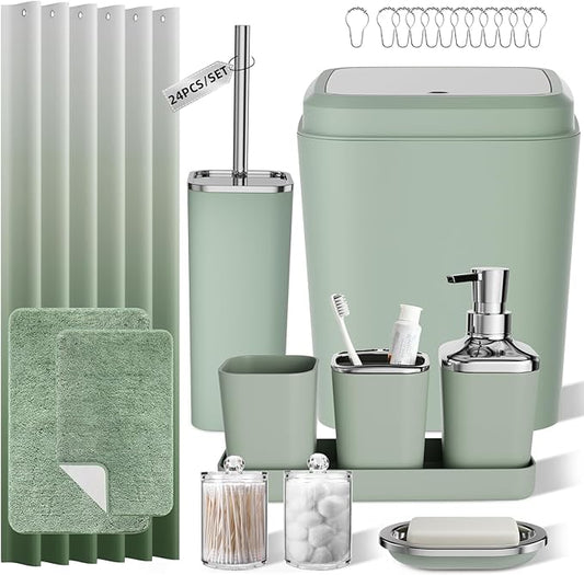 Sage Green Bathroom Set - 24PC Bathroom Sets with Shower Curtain and Rugs, Sage Green Bathroom Accessories Set with Press-on Lid Bathroom Trash Can, Soap Dispenser