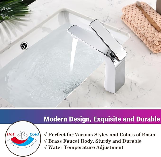TOCALOCA White and Polished Chrome Bathroom Sink Faucet Single Handle 1 Hole Vanity Sink Faucet Cold and Hot Water Mixer Tap, Single Lever Lavatory Faucet