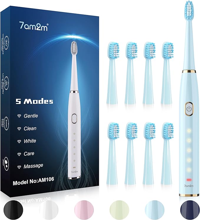 7AM2M Sonic Electric Toothbrush for Adults and Kids- High Power Rechargeable Toothbrushes with 8 Brush Heads,5 Adjustable Modes, Built-in 2-Minute Smart Timer,4 Hours Fast Charge for 30Days (Blue)