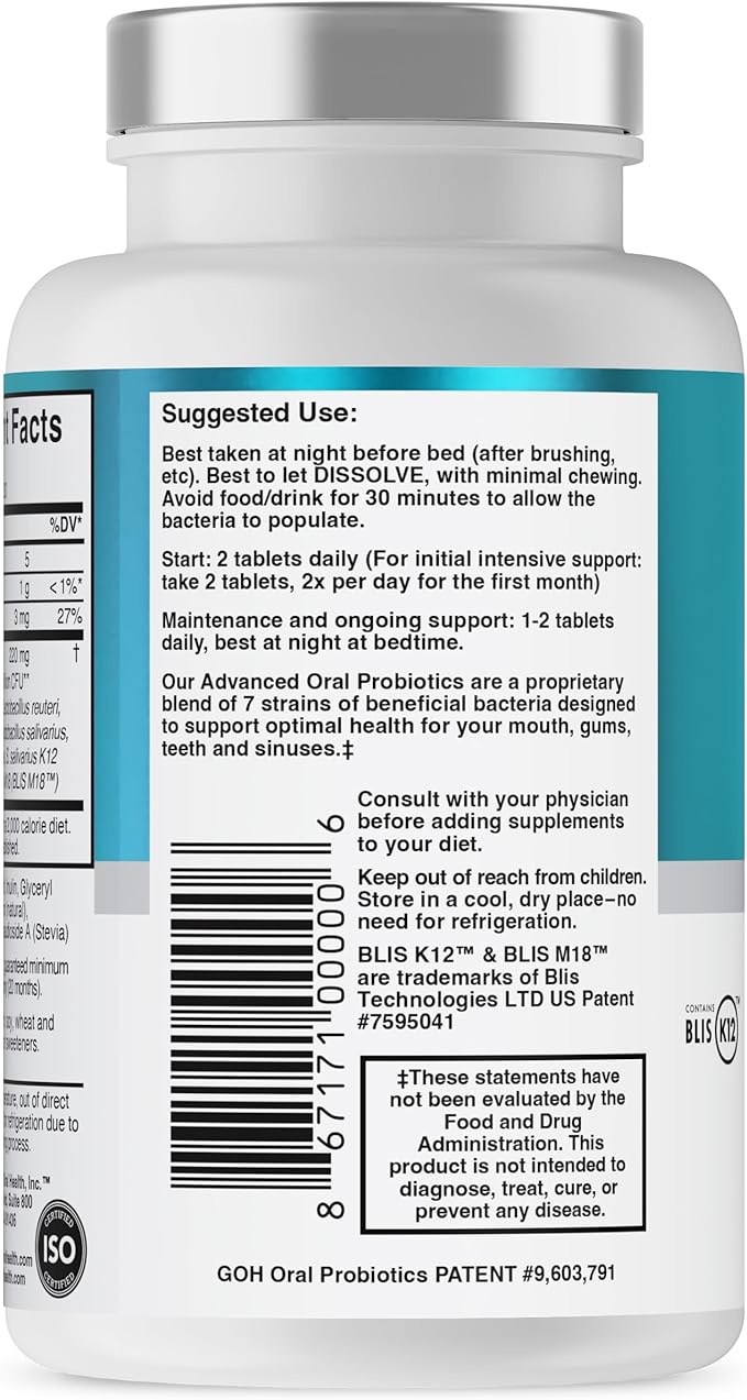 Oral Probiotics for Mouth Bad Breath Treatment for Adults: Dentist Formulated BLIS K12 M18 Advanced Oral Probiotics for Teeth and Gums, 60 Chewable Oral Health Probiotics Supplement Tablets (Mint 2pk)
