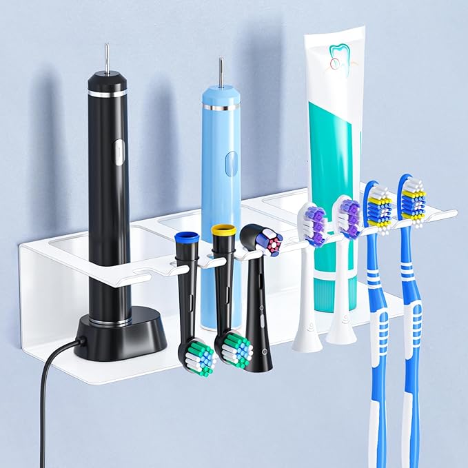 Electric Toothbrush Head Holders, Electric Toothbrush Holders Wall Mounted, Shower Electric Head Holder, Toothbrush and Toothpaste Holder, Tooth Brushing Holder for Bathroom (White, Large)