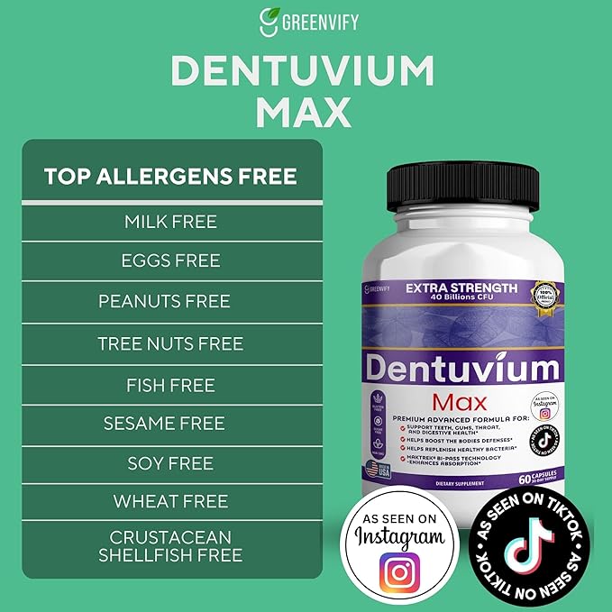 Dentuvium Max Probiotic Supplement - 40 Billion CFU - Supports Teeth Gums Throat Digestive Health - Gluten Free Sugar Free Non-GMO - 60 Capsules (3)