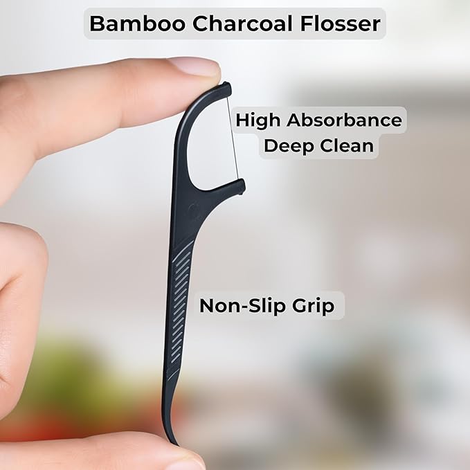 Dental Floss Picks, 288 Count (88 Flosser Dispenser + 200 Refills) – Bamboo Charcoal Floss, Refillable,Easy Travel Oral Care by SelectShen™