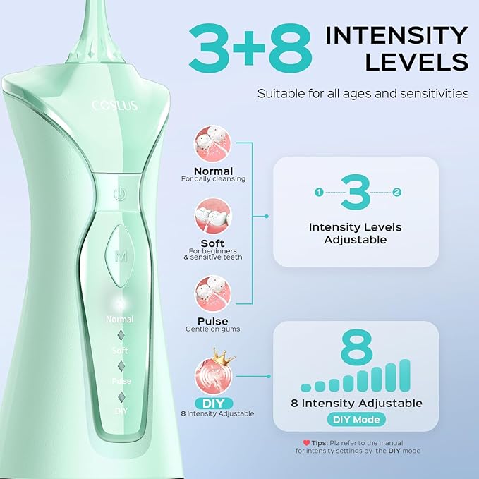 COSLUS Water Dental Flosser Pick for Teeth: 4 Modes Cordless Portable 300ML Larger Tank Water Teeth Cleaner IPX7 Waterproof Flossing Cleaning Picks for Home Travel Green C30(FC5360)