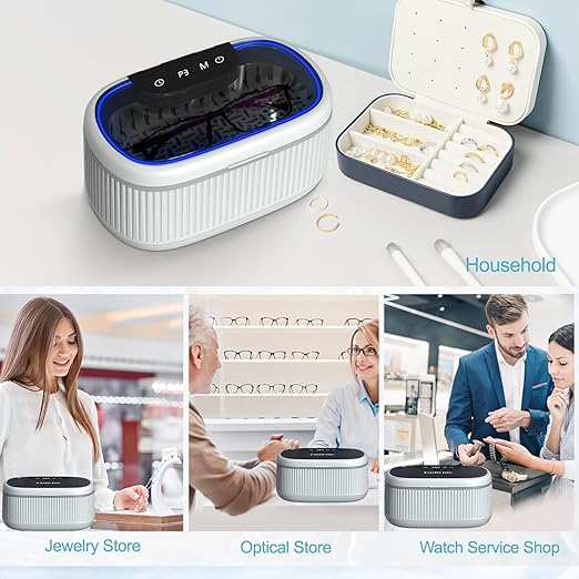Ultrasonic Jewelry Cleaner with Basket/Holder, Adjustable Power Ultrasonic Cleaner for Retainers, Rings, Eyeglasses, Dentures, Watch Bands - 550ML 20oz w/Lights, 5 Cleaning & Degas Modes