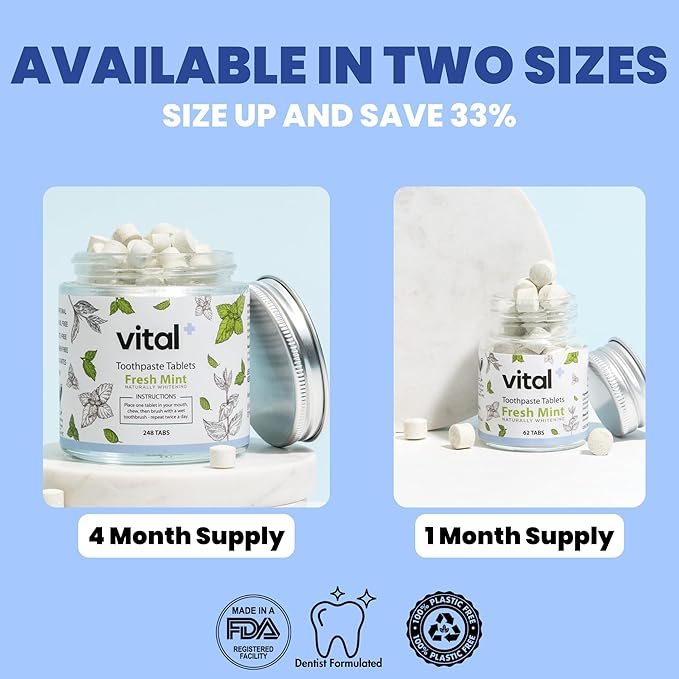 Vital Toothpaste Tabs with 7% Nano-Hydroxyapatite | Naturally Whitens + Remineralizes Teeth | Fluoride & Plastic Free | Combats Sensitivity | Travel & Eco Friendly | Fresh Mint | 62 Tablets (1 Month)