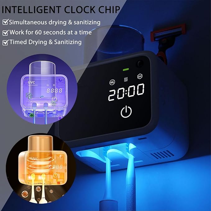 Bathroom Toothbrush Holders-2 Slots 1 Cup,Electric Toothbrush Holder with Constant Temperature Drying, Timed Cleaning, Air Drying, Rechargeable Wall-Mounted Toothbrush Holder with 4000mAh (Black)