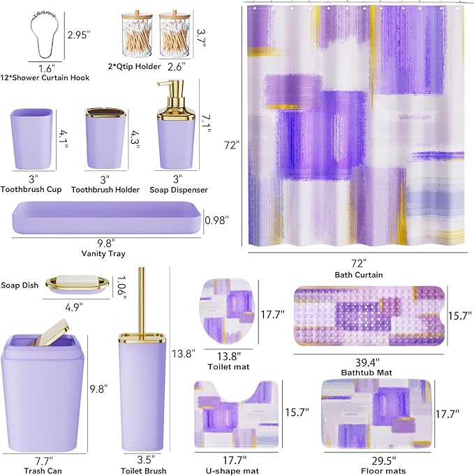 Bathroom Accessories Set - 26PCS Purple Bathroom Set, Bathroom Accessory Set with Shower Curtain and Rugs and Bathtub Mats for Home