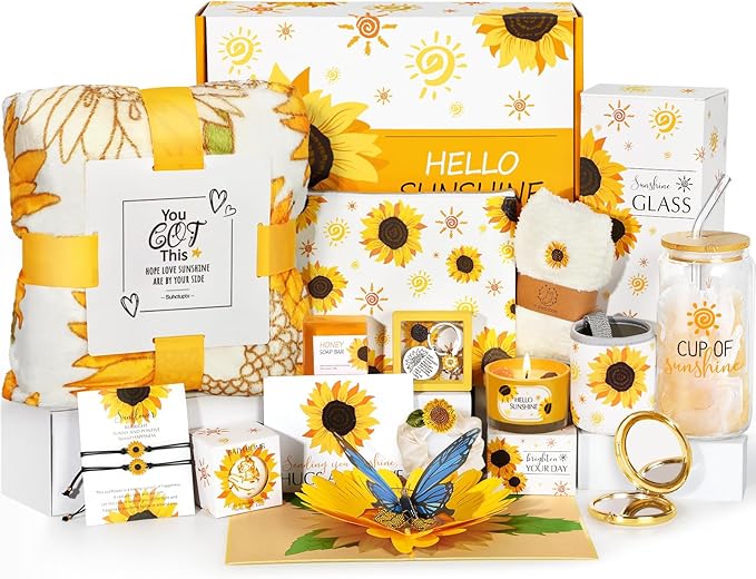 Sunflower Gifts for Women - 15 pcs Unique Birthday and Basket, Get Well Soon Care Package, Inspirational Box for Her, Mom, Sister, Best Friends (Yellow)