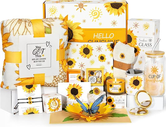 Sunflower Gifts for Women - 15 pcs Unique Birthday and Basket, Get Well Soon Care Package, Inspirational Box for Her, Mom, Sister, Best Friends (Yellow)