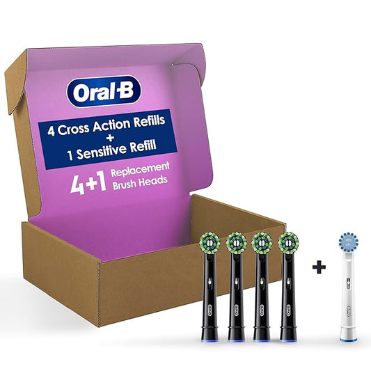 Oral-B CrossAction Electric Toothbrush Replacement Brush Heads, Black, 4 Count + 1 Sensitive White