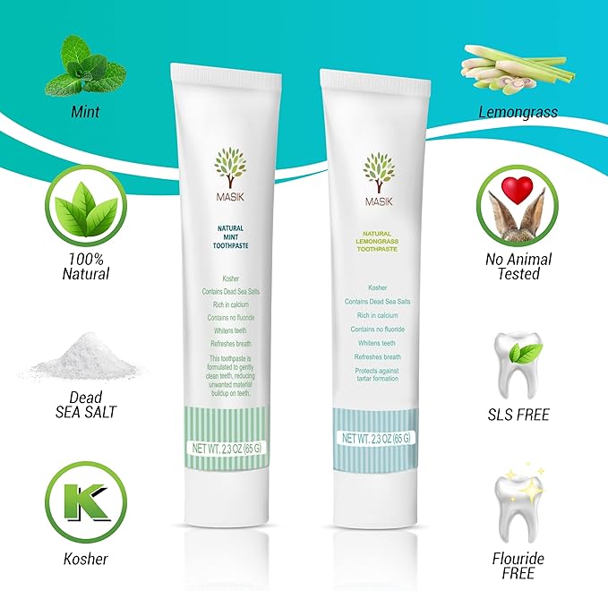 Masik Lemon Grass Natural Toothpaste is formulated for Sensitive Teeth. SLS-Free and Non-Fluoride with Dead Sea Salt to Gently Clean and Whiten Your Smile While Refreshing Your Breath - Pack of 3