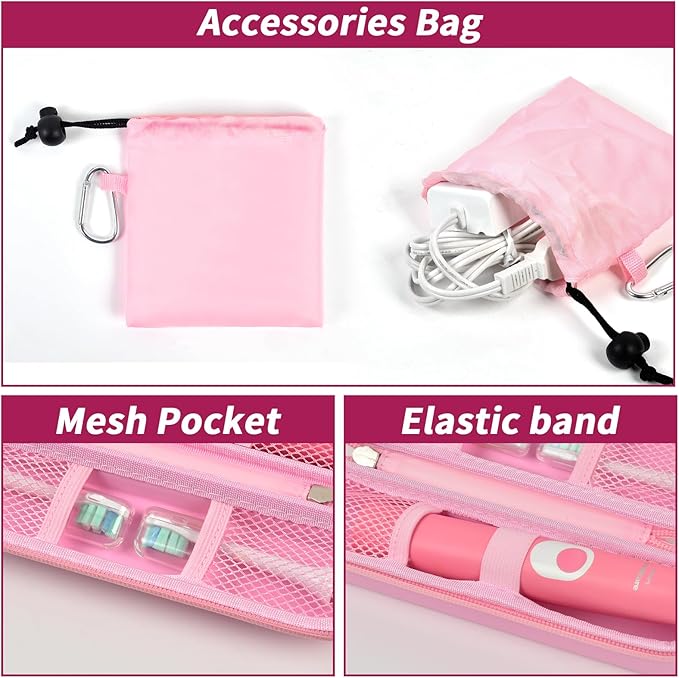 Toothbrush Travel Hard Case Compatible with Oral-B Pro 1000, 2000, 3000, 3500, 1500/ for Philips Sonicare ProtectiveClean 4100 5100 Electric Toothbrush with Mesh Pocket&Carabiner - Pink (Bag Only)