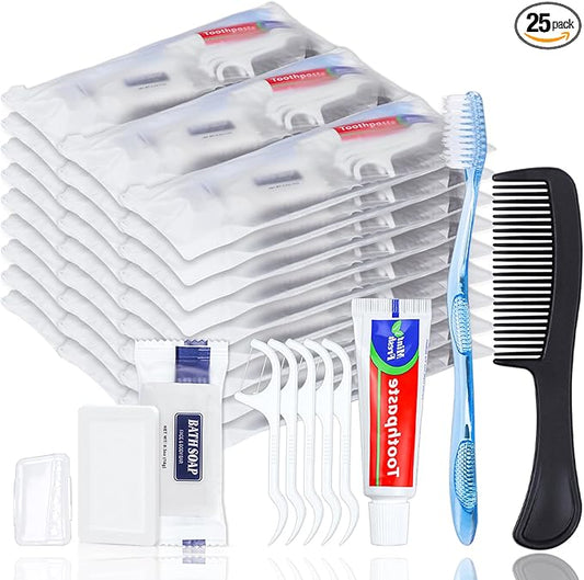 25 Sets Personal Hygiene Kit, Disposable Toothbrushes with Toothpaste Floss Comb Soap and Cover, Toiletry Kits Homeless Bulk for Women,Men,Travel