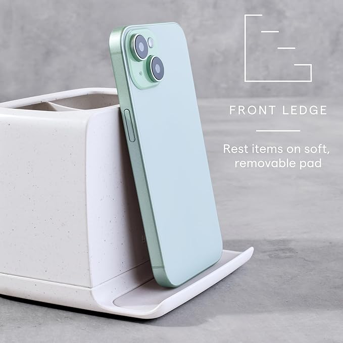 YouCopia The Ledge Toothbrush Holder, 2-Slot, Bathroom Vanity Counter Organizer with Cord Slots, Removable Base and Storage for Phones, Toothpaste and Accessories