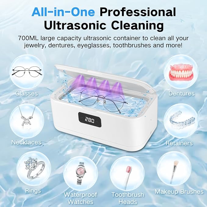 Dental Ultrasonic Retainer Cleaner, Retainer Cleaner for Dentures,Mouth Guard,Jewelry,Eyeglasses,Toothbrush Heads,Ultrasonic Dentures Cleaner with 4UV-C,49kHz Professional Ultrasonic Cleaner Machine
