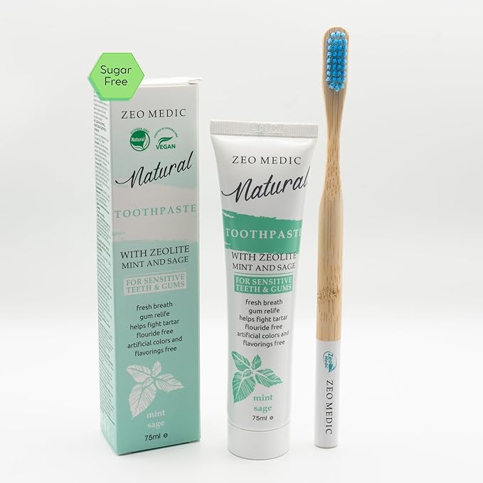 Zeo-Medic Fluoride-Free Toothpaste – Vegan, Zeolite for Whitening & Tartar Control – Safe for Kids 7+ & Diabetics – Natural Menthol Flavor, 3.1 Oz (Made in Europe) (75ml, Mint and Sage)
