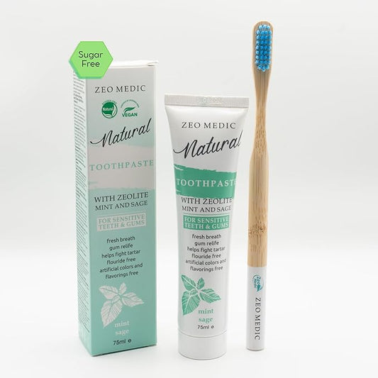 Zeo-Medic Fluoride-Free Toothpaste – Vegan, Zeolite for Whitening & Tartar Control – Safe for Kids 7+ & Diabetics – Natural Menthol Flavor, 3.1 Oz (Made in Europe) (75ml, Mint and Sage)