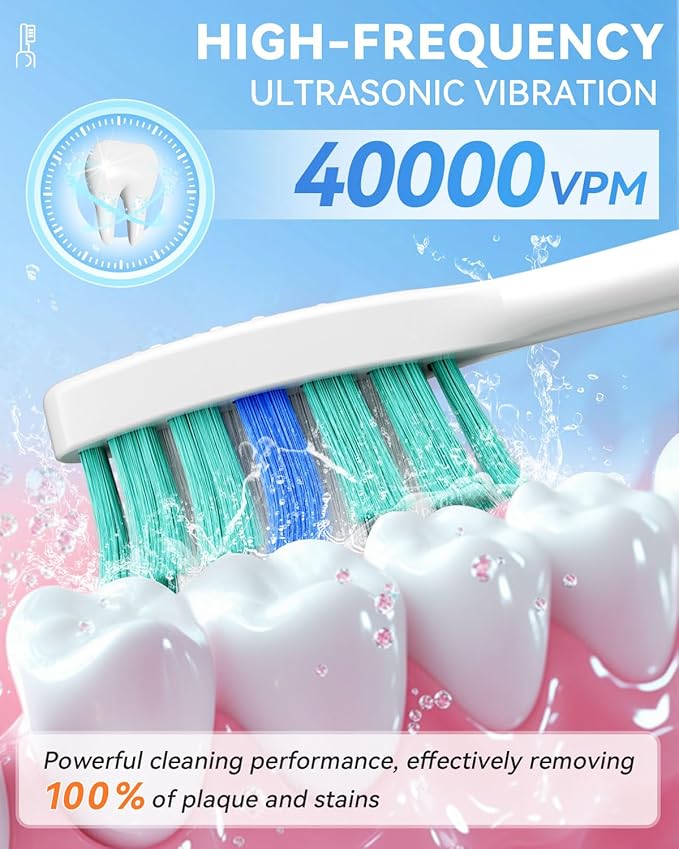 Sonic Electric Toothbrush with 40000VPM Cleaning Power for Adults&Kids, 60-Day Battery Life Rechargeable Power Toothbrush with 5 Modes, 2-Min Smart Timer, 7 Brush Heads & Travel Case (White, 1 Count)
